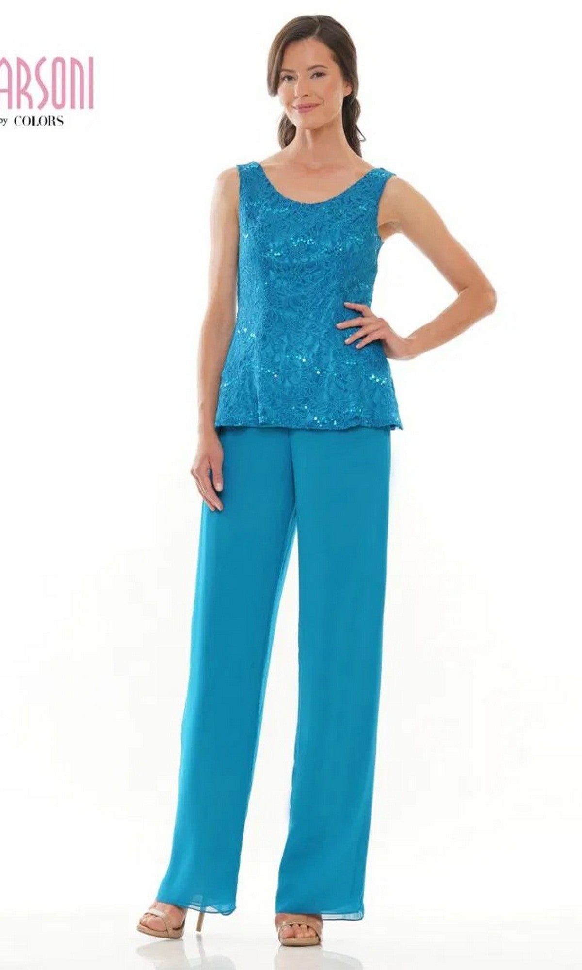 A woman models the Marsoni M305 Long Formal Pantsuit—sleeveless blue sequin top, matching chiffon pants, and beige heels—against a plain white background.